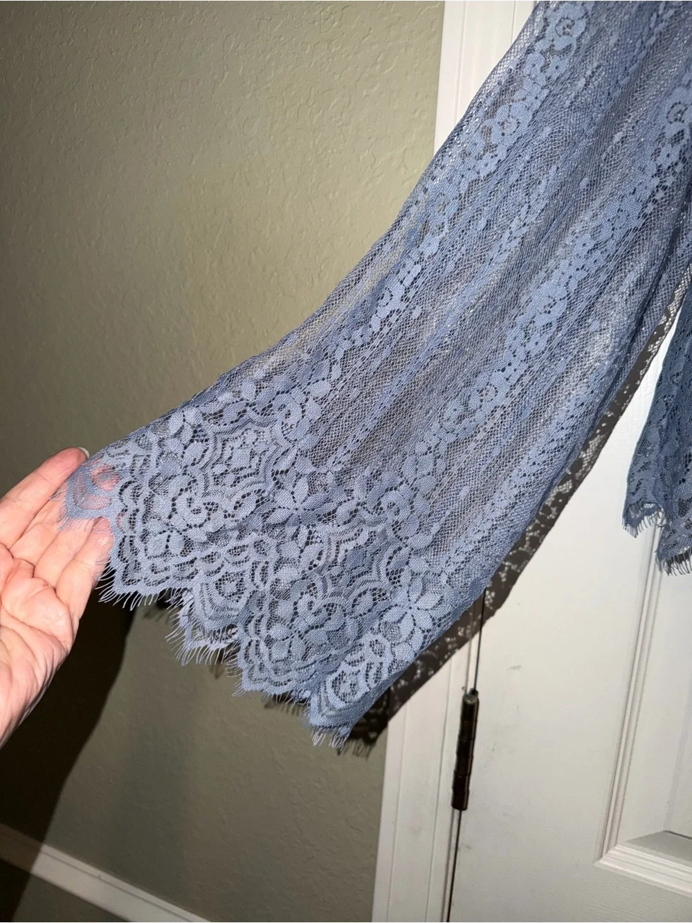 H&M Dusty Blue Lace Sheer Long-Sleeve Blouse Flared Sleeves